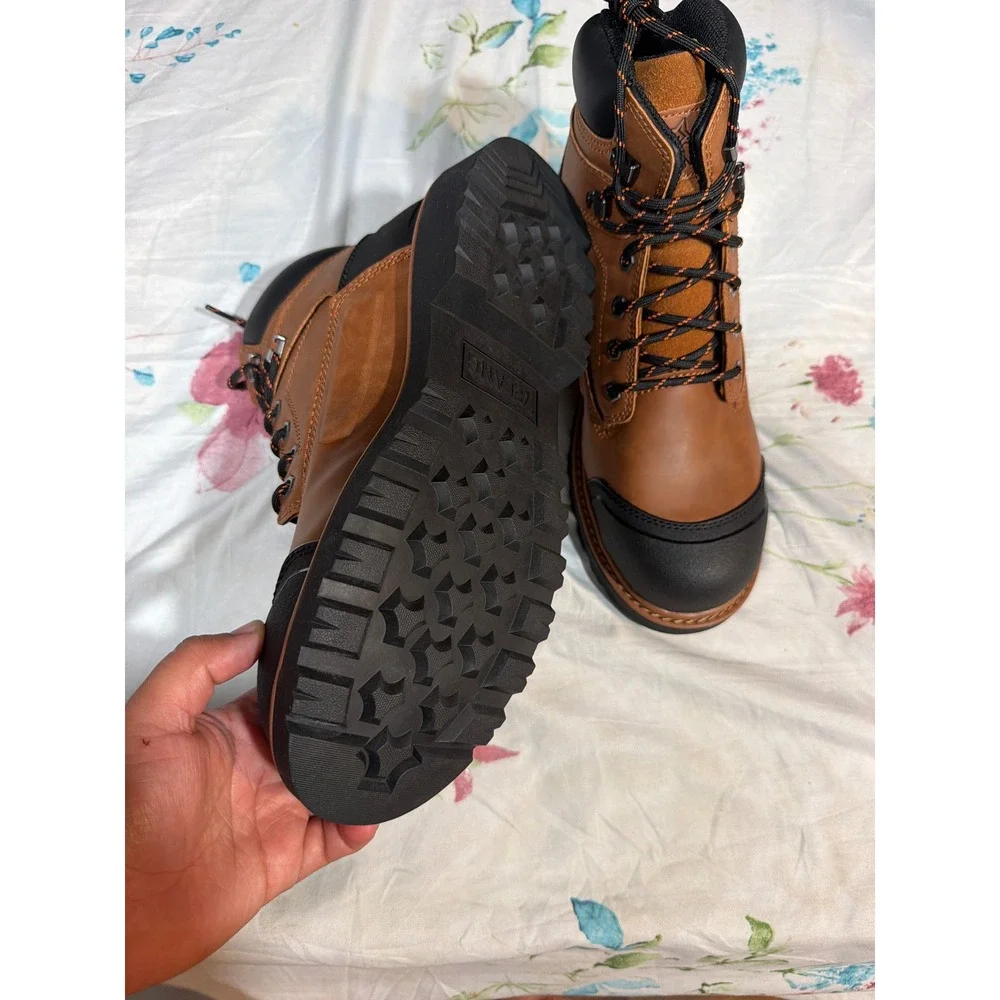 Yelang Mens Steel Toe Work Boots Brown Leather Industrial Safety Shoes 8.5EW